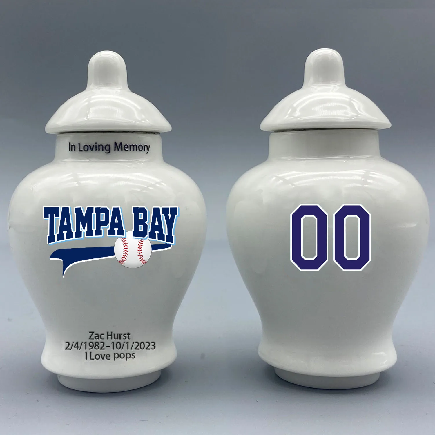 Mini Urn for Tampa Bay Rays-Baseball themed.Please send me the customization information - name/date and number on the urn