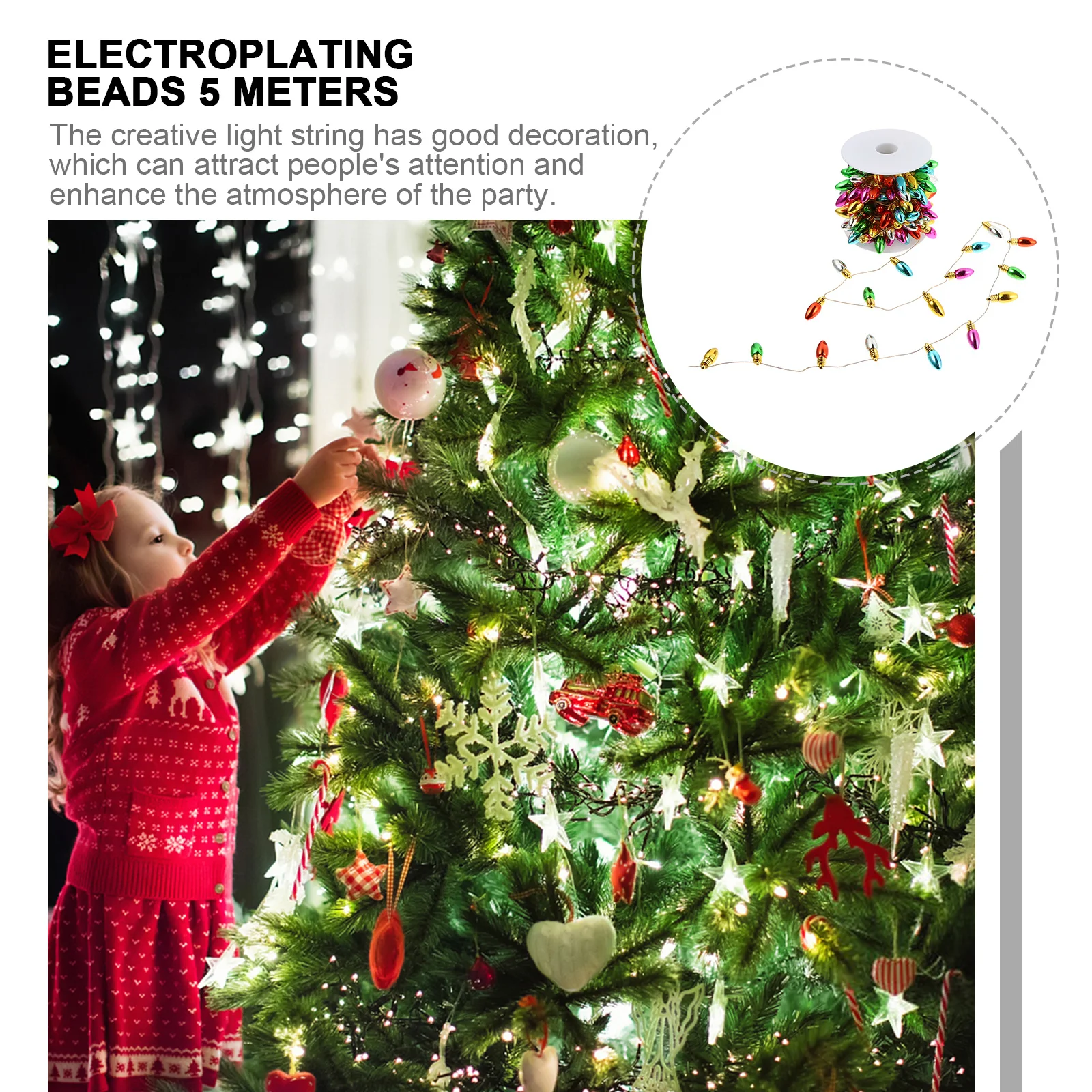 1 قطعة حفلة عيد الميلاد سلسلة ضوء 5 متر الملونة حبيبات مصباح مستديرة متفاوتة الأحجام الجنية سلسلة ديكور الإضاءة عيد الميلاد جو الزفاف