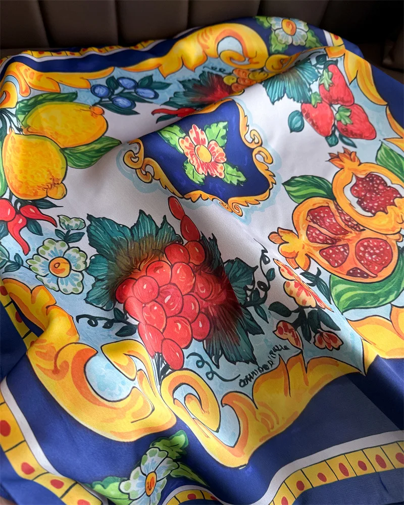 Quadratischer Seidenschal mit Zitronenmuster für Damen, luxuriöses, weiches Satin-Halstuch, dünner Halstuch, modischer Sonnenschutz-Kopftuch für Damen, Taschenband – Detail 9