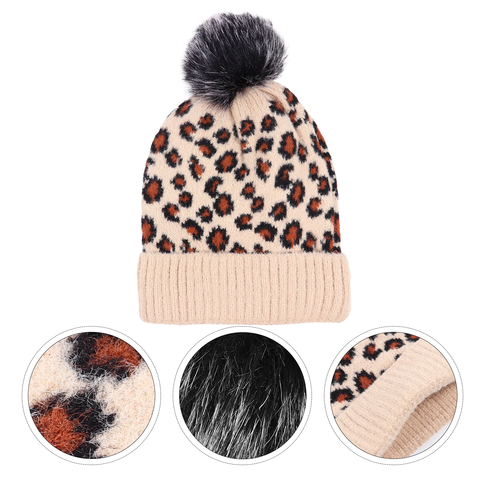 

Warm Knitted Hat Women's Hats & Caps Leopard Pompom Woolen Beanie Polyester Miss