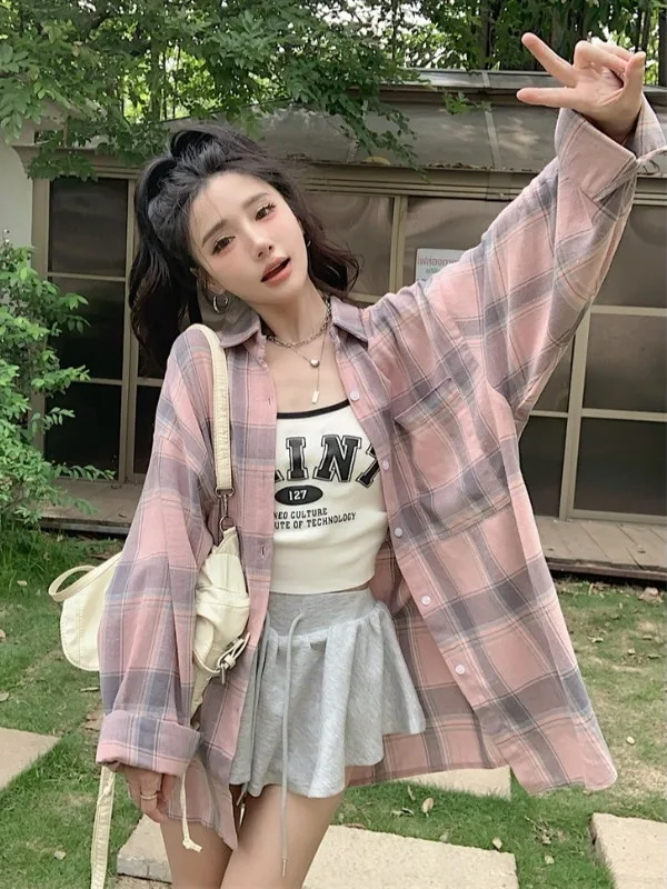 

Korean Retro Pink Plaid Polo Collar Long-sleeve Shirt For Women's Autumn Harajuku Casual Loose Versatile Outerwear Tops Cardigan