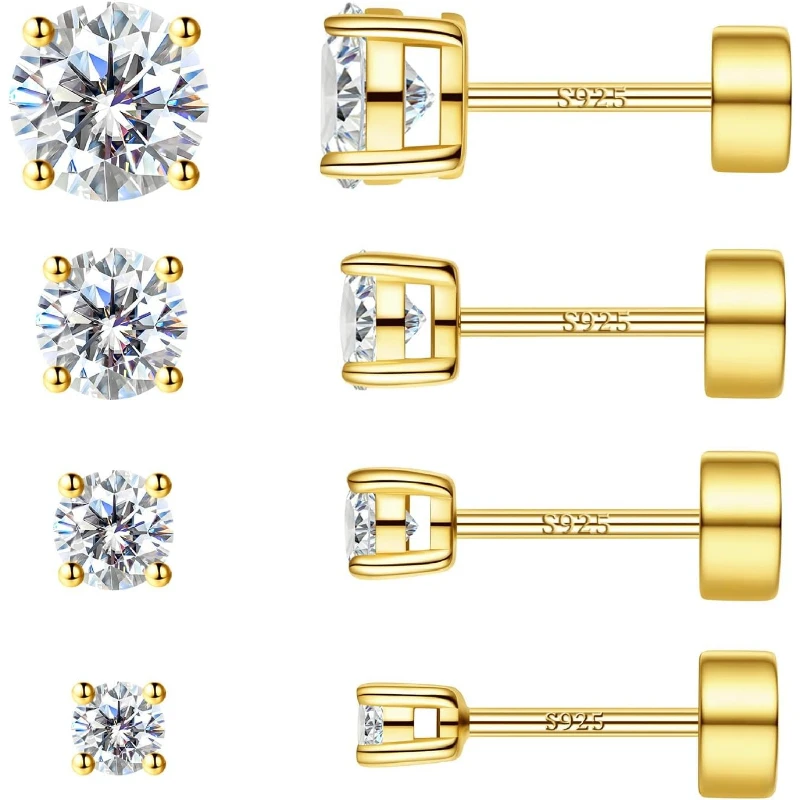 

1Pair Moissanite Stud Earrings Set Gold/Silver S925 Sterling Silver Flat Back Earrings for Women Men Hypoallergenic Jewelry