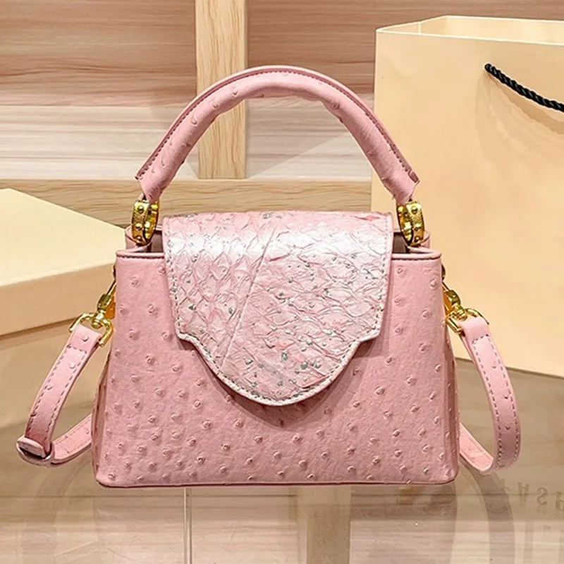 

Luxury Square Women Bag Designer Brand Leather Ostrich Print Handbag Fashion Shoulder Crossbody Bags Top Handle Bag Hot Sale