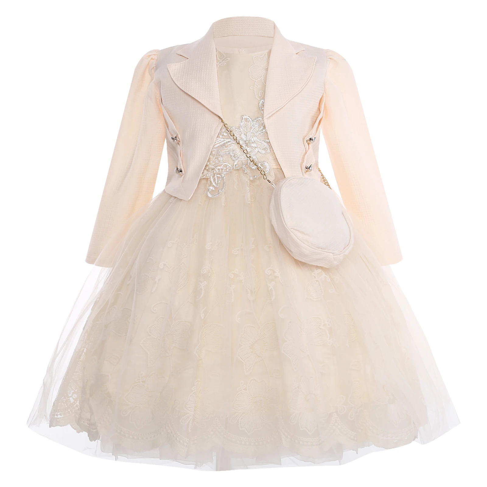 فستان أنيق للفتيات لحفلات الأميرة فستان بدون أكمام من التول المطرز بالزهور مع سترة وحقيبة لحفلات الزفاف وأعياد الميلاد