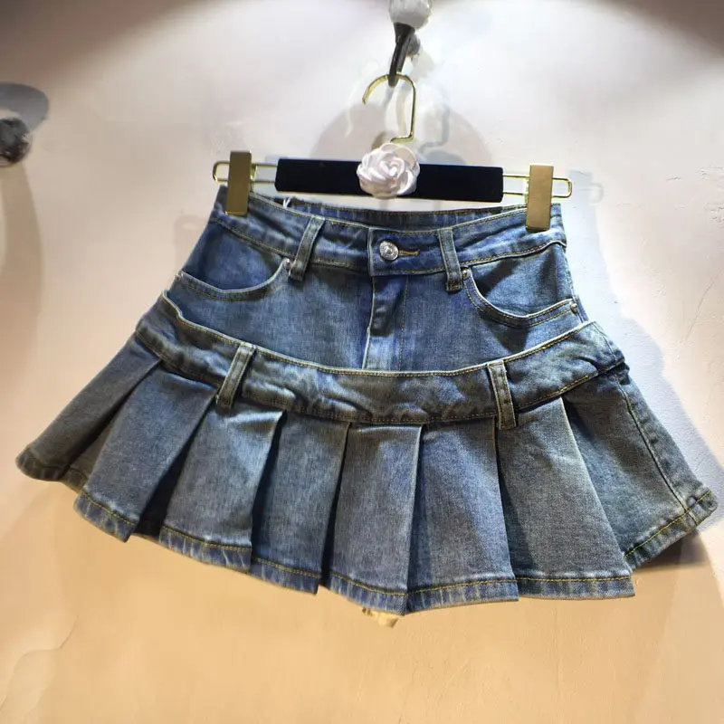 

Sexy Summer New Hot Girl Outfit Double Waist Design Washed Pleated High Waist Slimming Look A-line Skirt, Women's Mini Skirt