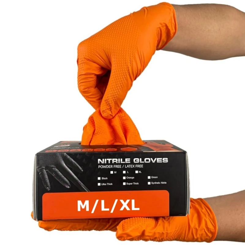 8Mil dicke orangefarbene Nitrilhandschuhe, robuste Einweg-Industriehandschuhe mit 3D-Diamant-strukturiertem Griff, Mechaniker-Autarbeitshandschuhe
