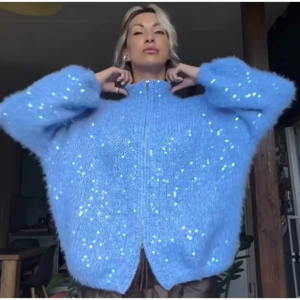 Long Sleeve Zip Up Cardigan Fluffy Knit Solid Color Fuzzy Sequin Cardigan Lantern Sleeve Knit Sweater Jacket Fall Winter Outfits
