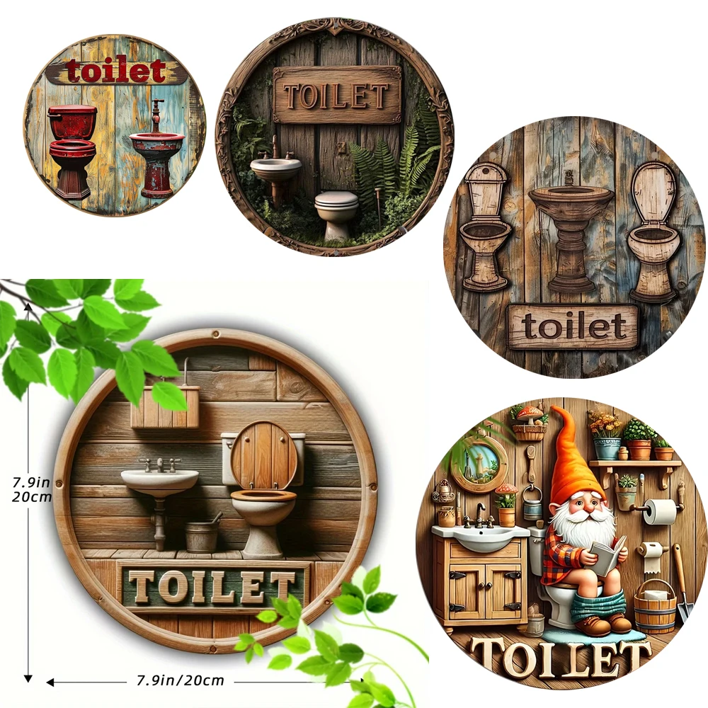 2D 8in Vintage Toilet wash basin Brown Board Theme Round metal Home Kitchen Club Garden Garage Office Wall Decor Holiday Gift