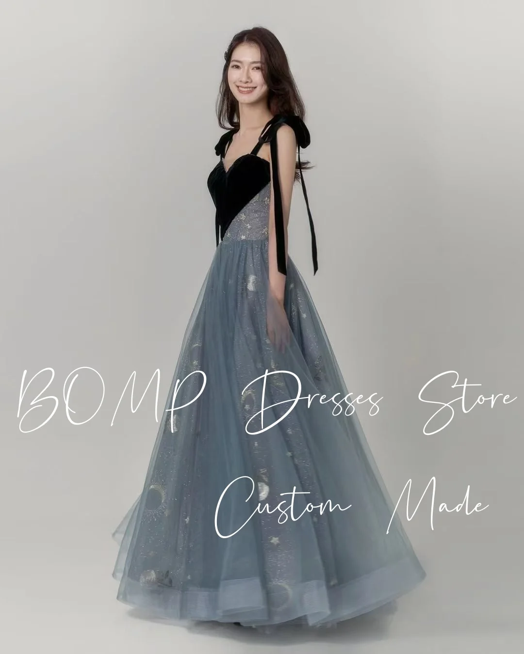 BOMP Contrast Blue Wedding Dress Bow Swetheart Floor Length Rulle Korea Photo Shoot Evening Bridal Gown Customized Elegant