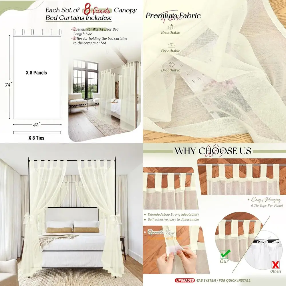 

Прозрачные шторы цвета слоновой кости для кроватей King/Queen и Twin, 42x74 с креплением на липучке