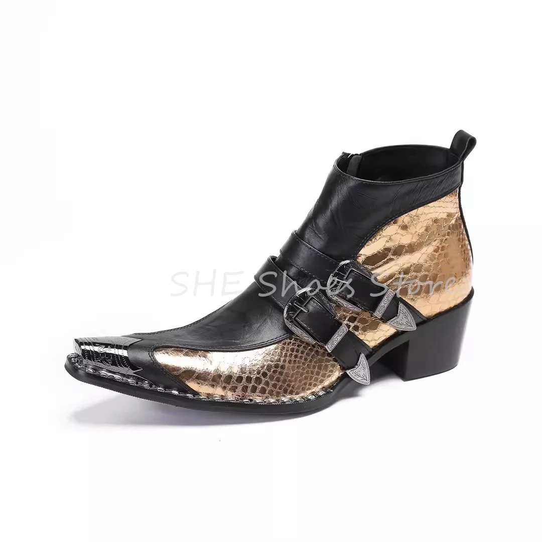 Luxury Mixed Color Metal Pointed Toe Splicing Chelsea Boots for Men Wedding Dress Shoes Belt Buckle Decor Male Leather Shoes