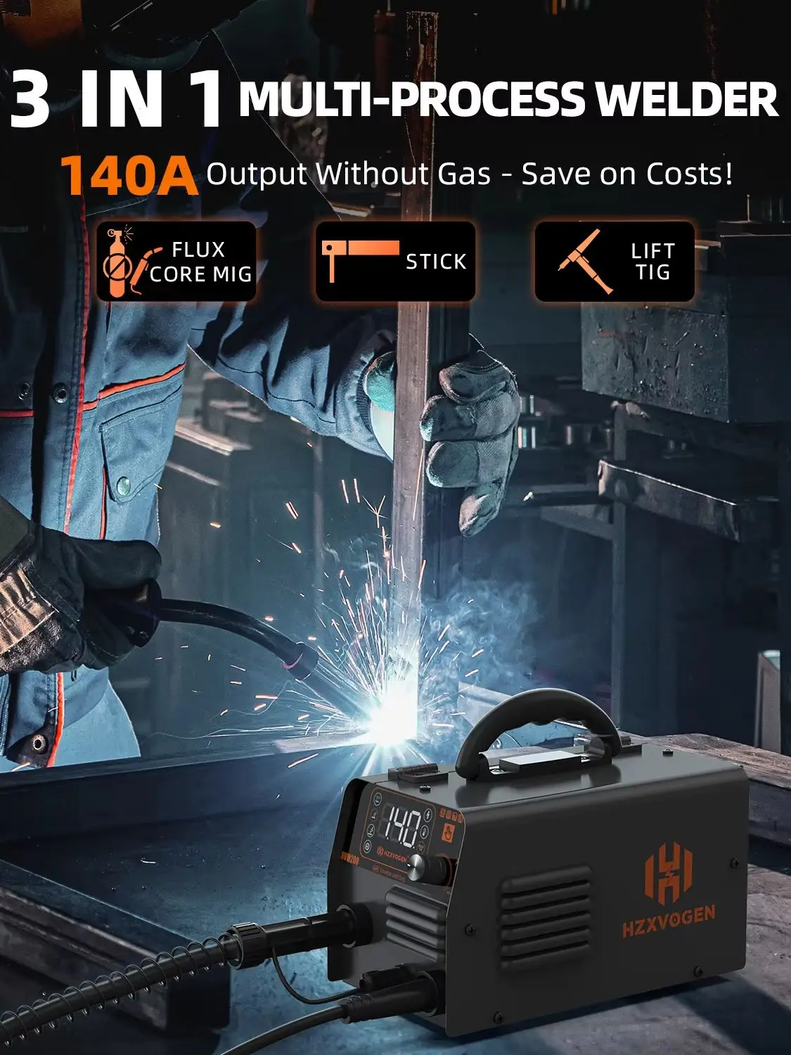 HZXVOGEN HVM200 3-IN-1 MIG TIG MMA Schweißgerät, Synergy-Inverter, halbautomatische Schweißmaschine, tragbarer gasloser Fülldrahtschweißer für Metall- und Eisenlötarbeiten