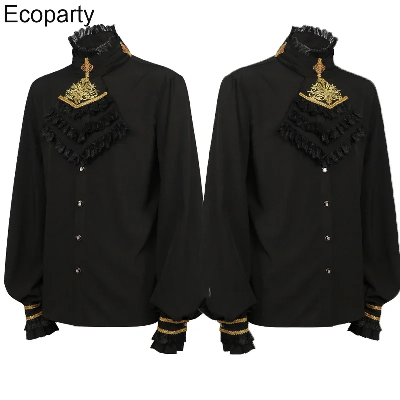 Men Halloween Carnival Party Medieval Costumes Vintage Victorian Black Stand Collar Ruffle Gothic Shirts Long Sleeves Blouse Top