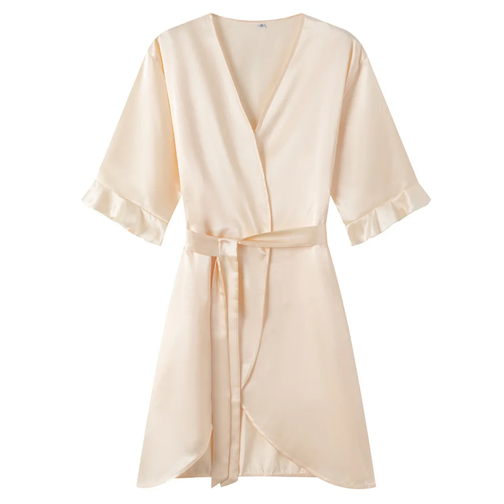 Satin Robe Female Intimate Lingerie Sleepwear Silky Bride Wedding Gift Casual Lotus Leaf Sleeves Kimono Bathrobe Gown Nightgown