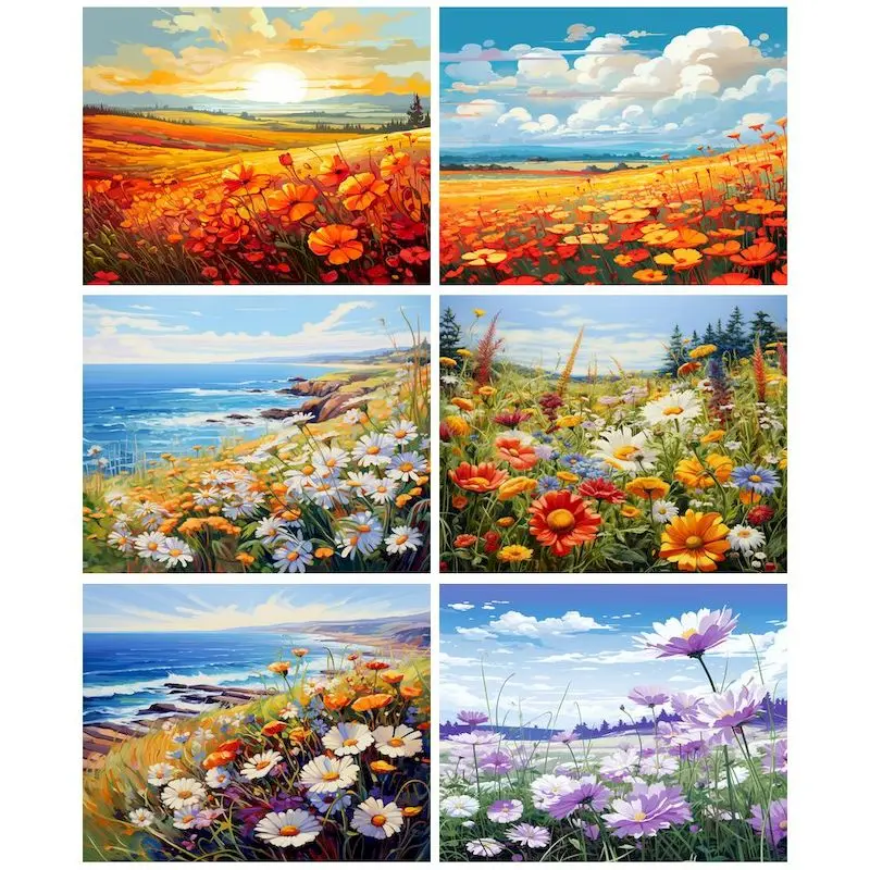 CHENISTORY Pictures By Number Hillside Flowers And Plants Drawing On Canvas Handpainted Kits Home Decor Painting By Numbers Diy