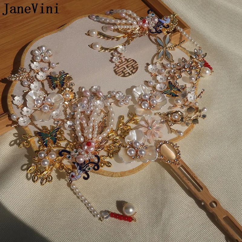 

JaneVini Luxurious Bride Chinese Wedding Fan Bouquet Pearls Beaded Ancient Bridal Fan Xiuhe Hand Holding Flower Fan Accessories