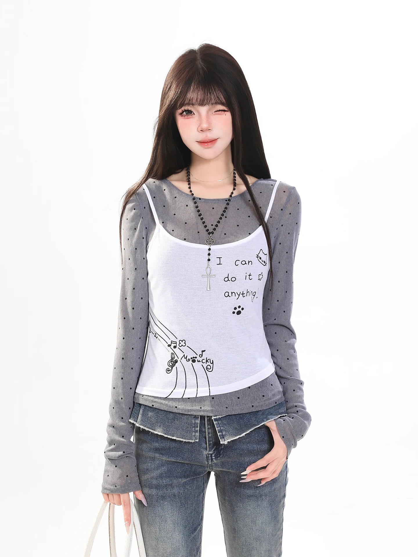 Y2K Polka Dot Long Sleeve T-Shirt Women's Spring Korean Style Slim Fit Beautiful Short Top Sweet Style Print Universal Fit
