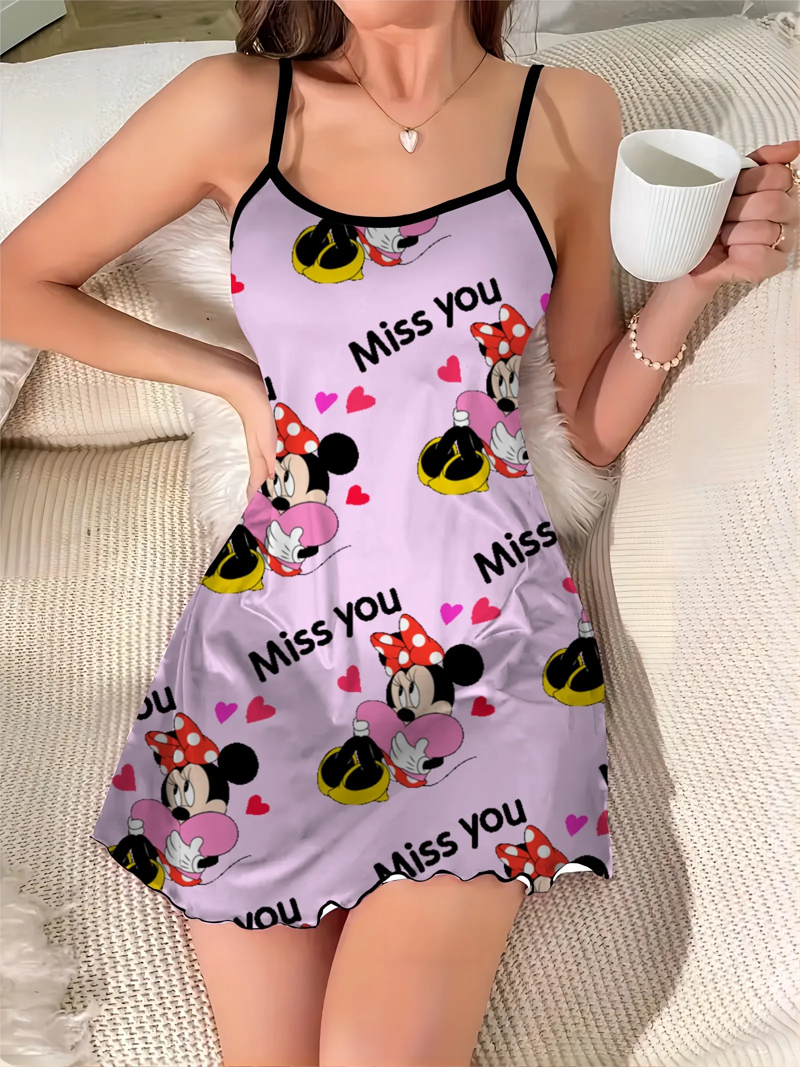 Disney-Mulheres Minnie Mouse Home Vestido, gola saia do pijama, mini vestido chique, superfície cetim, guarnição de alface, elegante, sexy