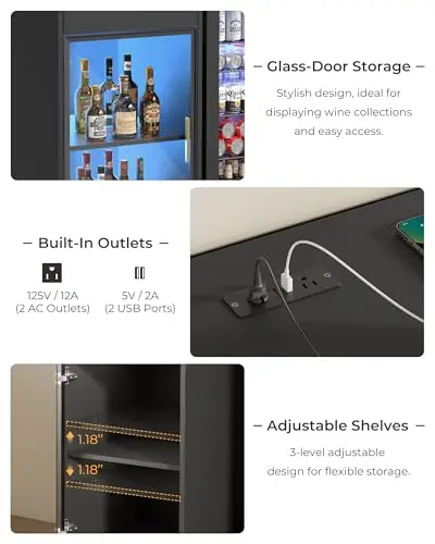 39" Coffee Bar Cabinet with Mini Fridge Space & LED Lights, Black | Mini Fridge Cabinet with Drawer & Storage Cabinet - view 6