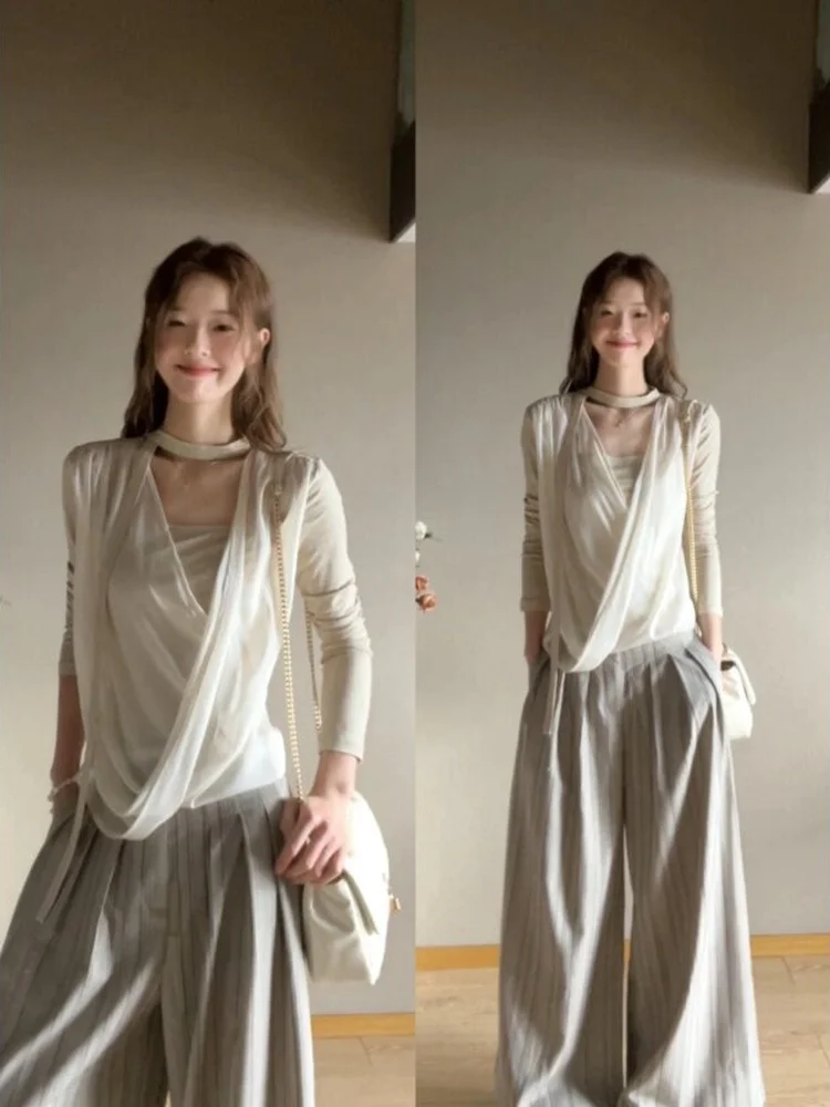 

Parkyeon Slimming High Waist Striped Long Sleeve Casual Pants Set Women's Fashion Ensemble Summer Leisure Home Wear