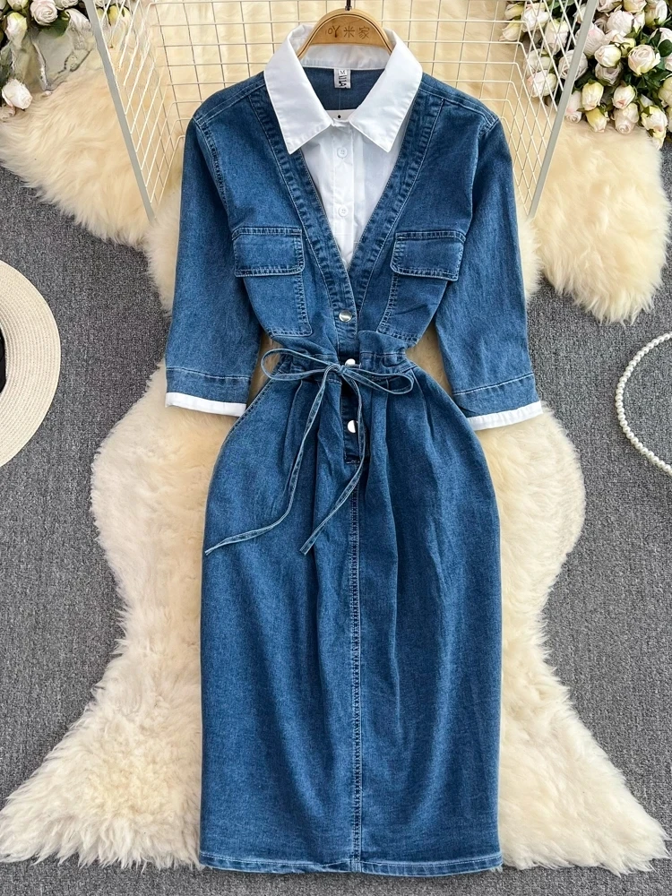 

Women Fake Two Pieces Patchwork Denim Single Breasted Dresses Lapel Contrasting Colors Vestidos Spring Summer 2025 New Arrival