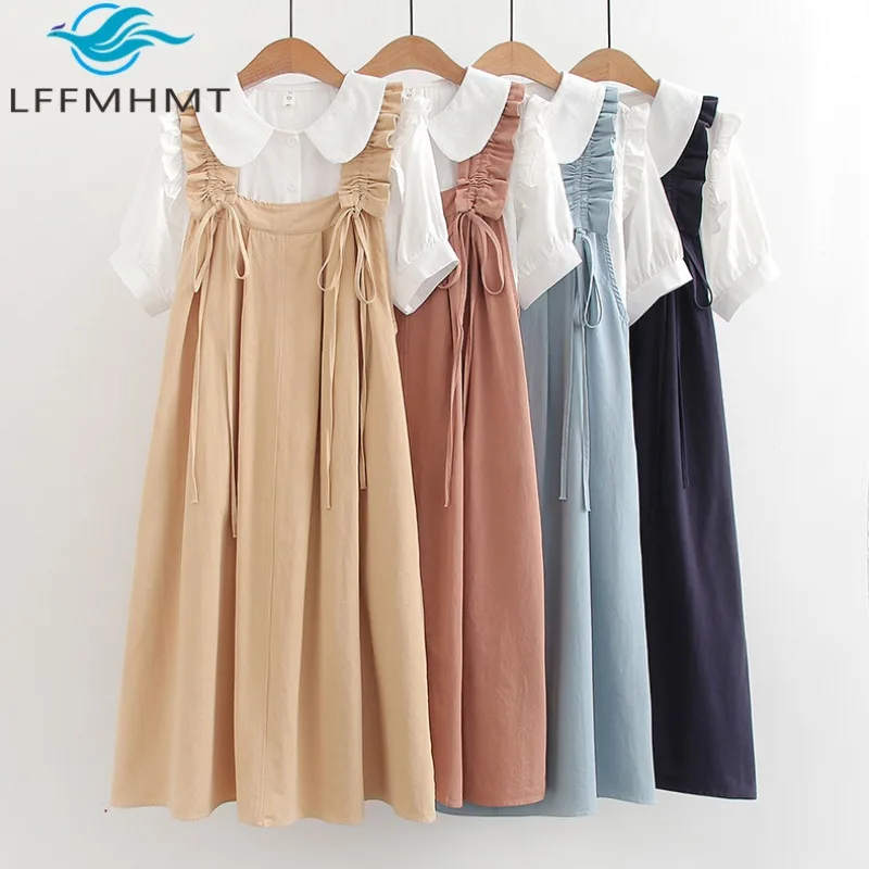

Summer Fashion Lady Vintage Sweet Style Loose Two Pieces Sets Female White Shirt and Suspender A-line Dress Two Pieces Sets