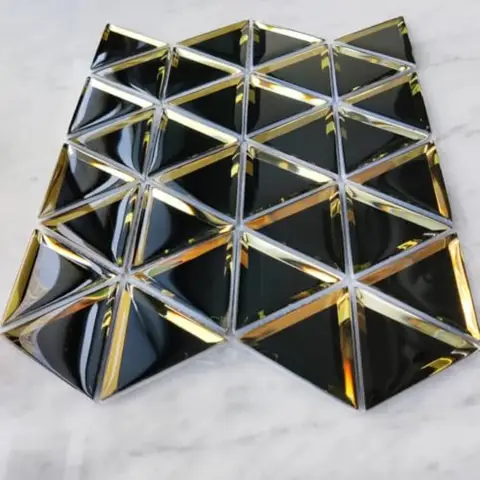 Beveled Mirror Glass Mosaic Tile, Glass Tile for Bathroom Kitchen Backsplash Shower Wall, Pack of 5 Sheets Black and Gold, 3 In