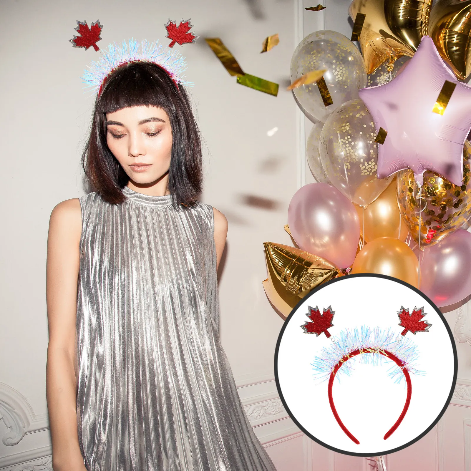 

Набор из 2 повязок на голову с кленовыми листьями в канадском стиле, блестящие, с глиттером, для фестивалей и вечеринок, осенний праздничный комплект для волос