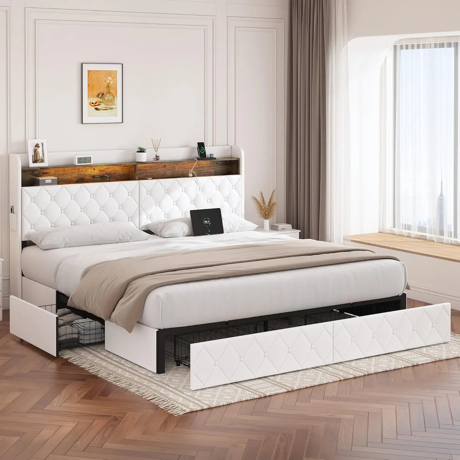 King Bed Frame And Headboard, White Bed Frame With Storage, Led Bed Frame No Box Spring Needed, With 4 Drawers And Charging