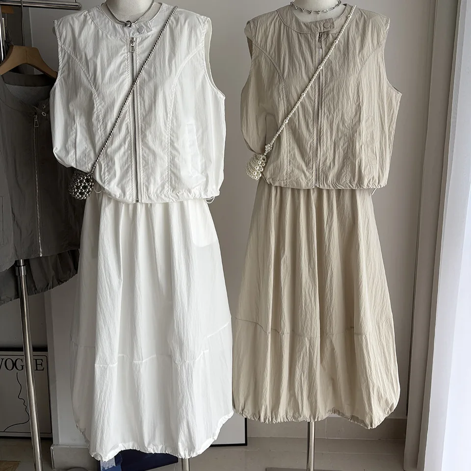 

Fashionable Zipper round Neck Vest Flower Bud Skirt Set Women's Summer New Style Slimming Two-Piece Suit High Waist Long...