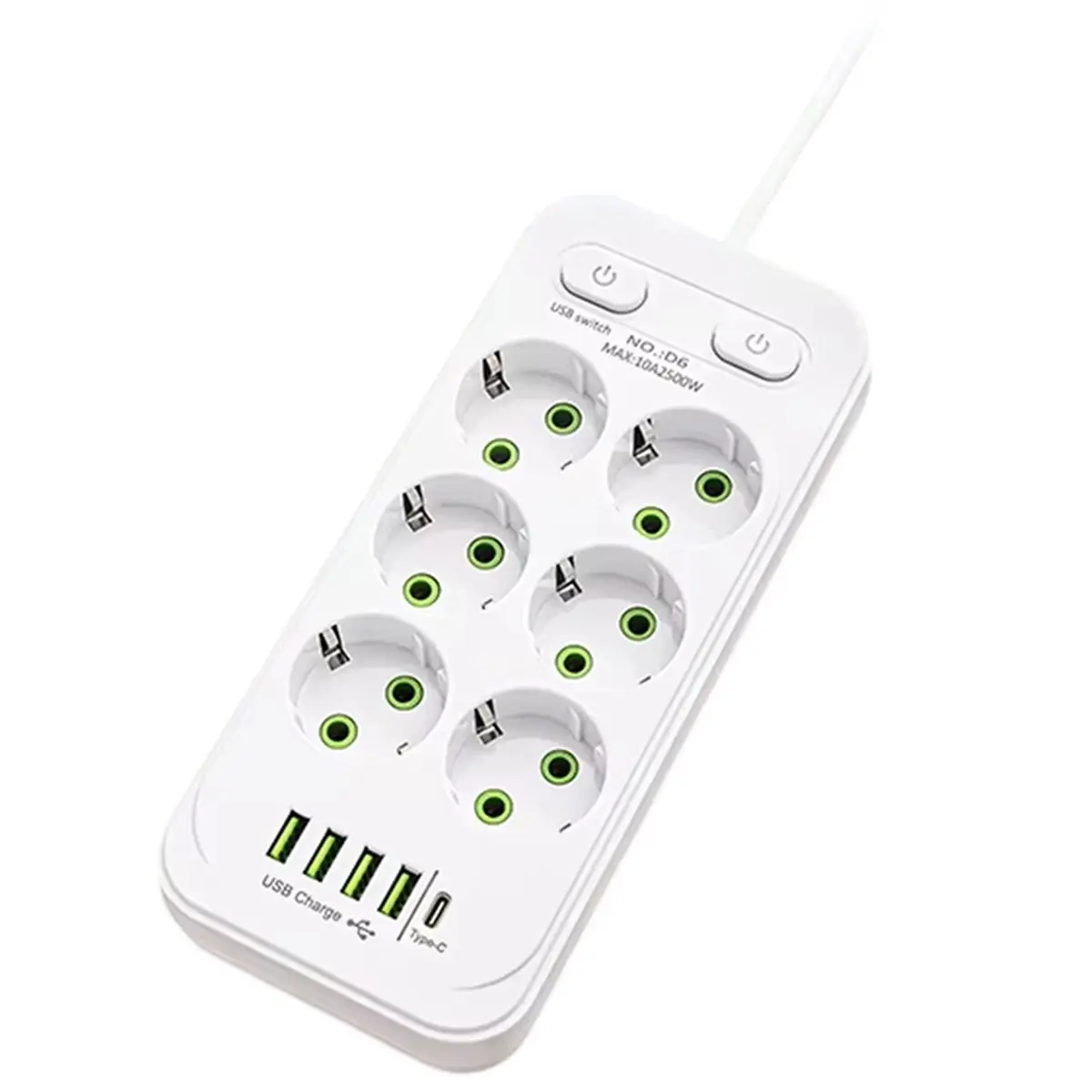 （2026 SUMMER）EU Plug AC Multitap Power Strip 2m Extension Cord Electrical Socket USB Home Surge Protector Network Filter White