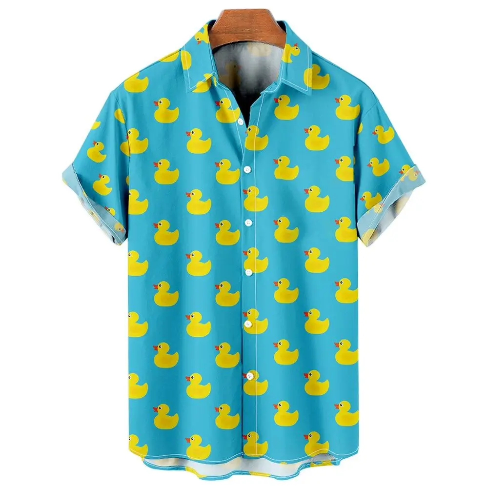 Camisa havaiana de pato com estampa 3D masculina, manga curta, camisa de praia casual, blusa de peito único, roupas masculinas, moda quente