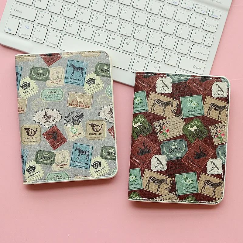 

Retro Stamp Women Passport Cover Brown PU Leather Multifunction Credit Card Purse Passport Holder Plane Ticket Organizer for Men