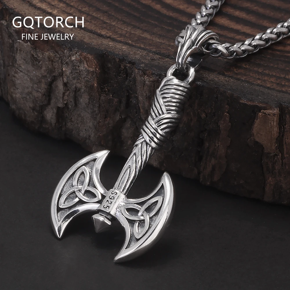 925 Sterling Silver Viking Double Axe Pendant Necklace for Men Norse Celtic Knot Vintage Scandinavian Warrior Jewelry Gift