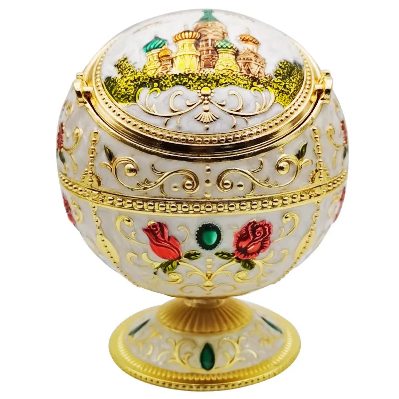 NEW Windproof Ash Tray Vintage Zinc Alloy Flower Pattern Globe Cigarette Ashtray Lid Tabletop Portable Home Decor Ashtrays