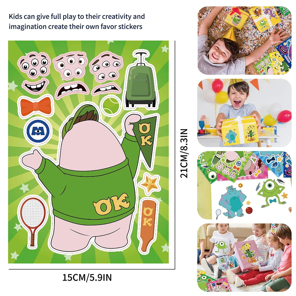 8/16Sheets Disney Monsters Inc Puzzle Stickers Make-a-Face Games Toy Create Your Own Funny Cartonn Assemble Jigsaw Children Gift