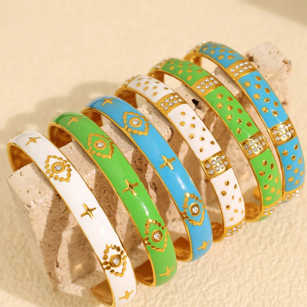 

Fashion Retro Design Drip Oil Stainless Steel Golden Bracelet For Women Charm Colorful Enamel Wrist Waterproof Bangles Jewelry