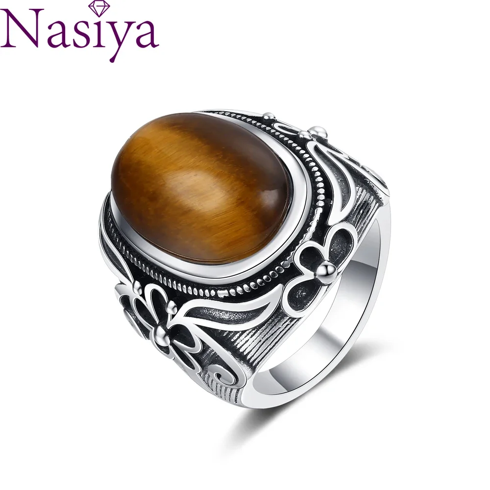 Nasiya S925 Silver Rings Natural 11X17MM Oval Tiger Eye Ring for Women Men Gift Vintage Large Ring Wholesale Fine Jewelry