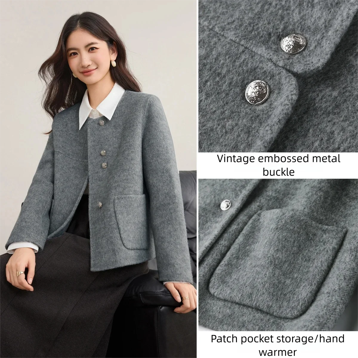 SENTUBILA Women's Wool Coat Double-Faced Wool Round Neck Long-sleeve Short Coats 2025 Winter Loose-Fit Lady Clothing W54OF8763