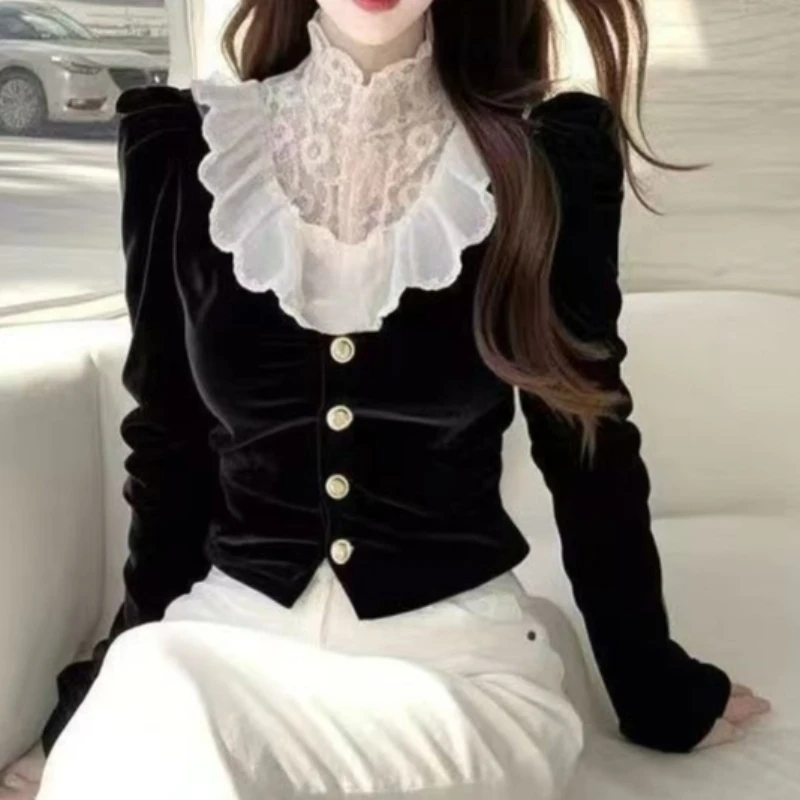 

Elegant Black Velvet Shirt Women's Fashionable Lightweight Luxury Feel Bubble Sleeve Halves High Collar Sleeveles TT434