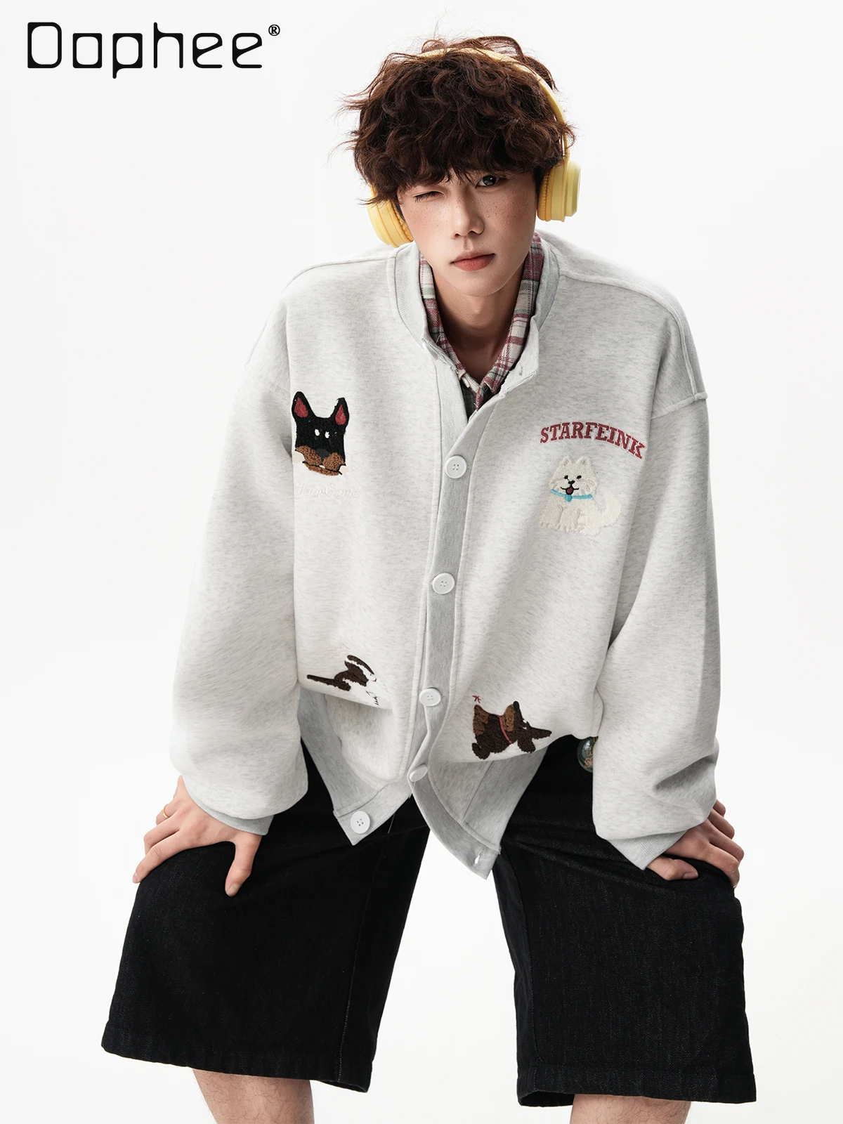 

Spring and Autumn New American Style Men's Fun Puppy Embroidery White Flower Gray Navy Blue Light Blue Casual Cardigan