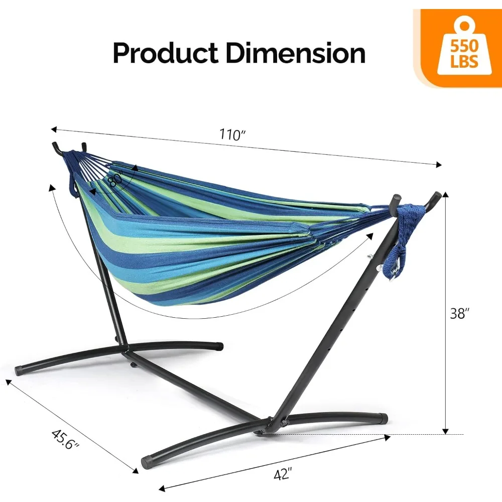 550 LBS Double Hammock with Stand, Heavy Duty 2-Person for Outdoor & Indoor, Blue Green Stripe