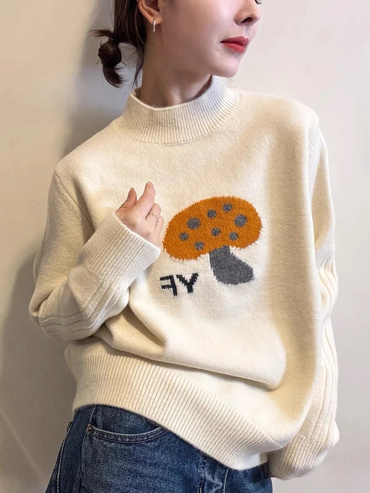 

Женский модный вязаный базовый слой большого размера, свитер с высоким воротником, осень-зима, против морщин, с цветочной вышивкой