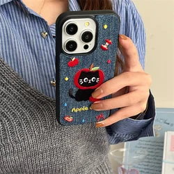 Korean Embroidered Kitten Denim Phone Case For iPhone 16 Pro 15 14 13 Pro Max Cover Shockproof Cases For Apple 15Pro Cute Funda