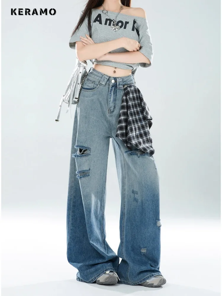 

Зимние винтажные рваные джинсы Kpop 202, Y2K Damage Trashy Harajuku, свободные потертые брюки, женские широкие джинсовые брюки в стиле эмо