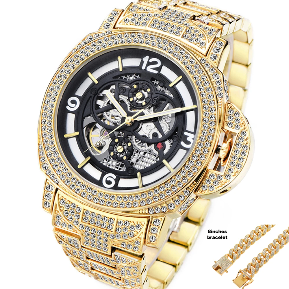 

Iced Out Diamonds Watches for Men Skeleton Tourbillon Automatic Mens Watches Set Cuban Chain Mechanical Wristwatch Gold Relogio