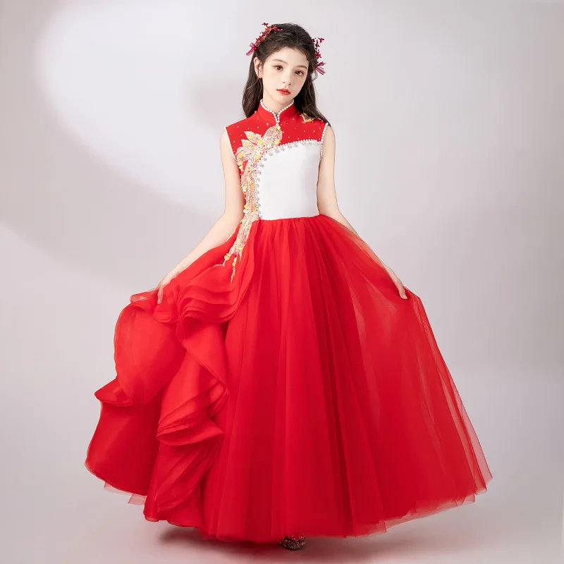 Girls' Formal 2025 New High-End Flower Girl Dress Puffy Tulle Children's Guzheng Costume Piano Performance Cho