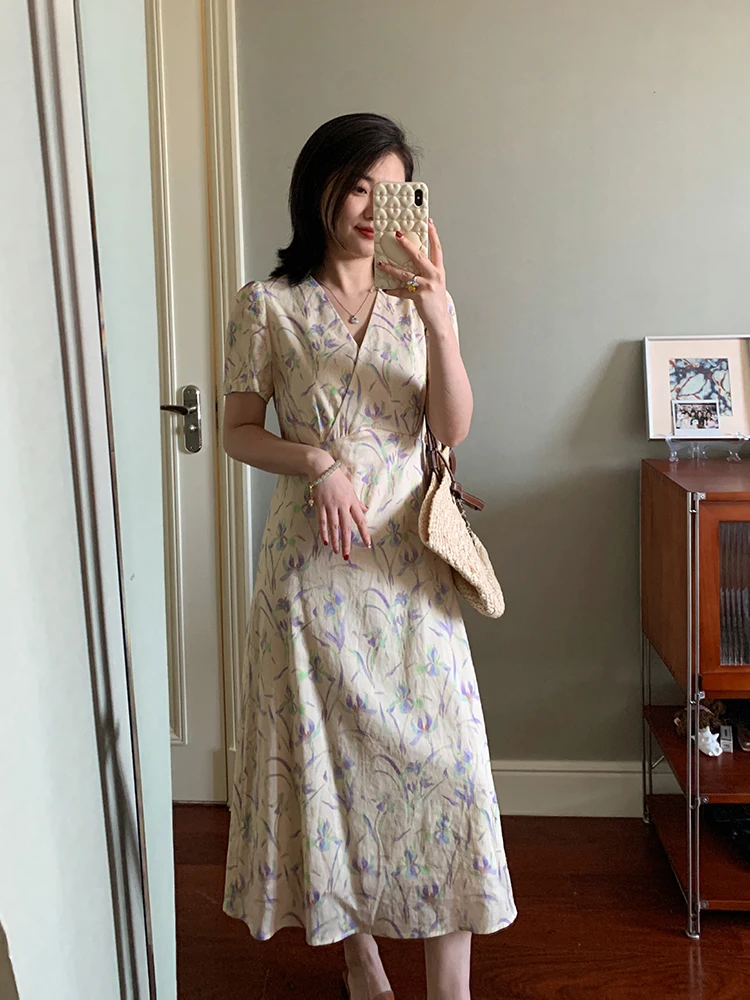 

Элегантная льняная хлопковая юбка с асимметричным узором в виде цветка ириса, длинная, с высокой талией, V-образным вырезом, на молнии, А-силуэт