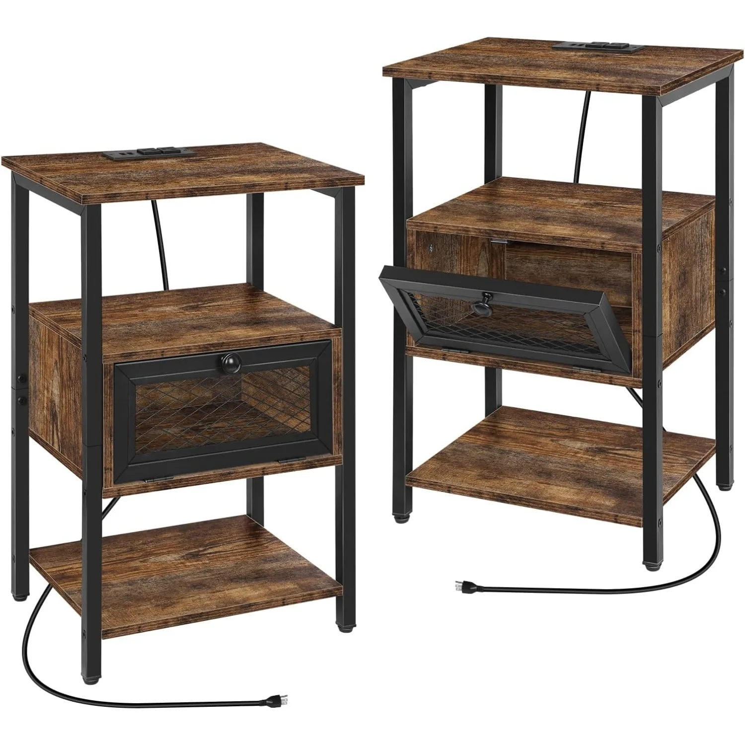 

2-Piece Charging Nightstands with USB Ports & Drawers, Narrow 3-Tier Rustic Brown Bedside Tables for Small Living/Bedroom Spaces