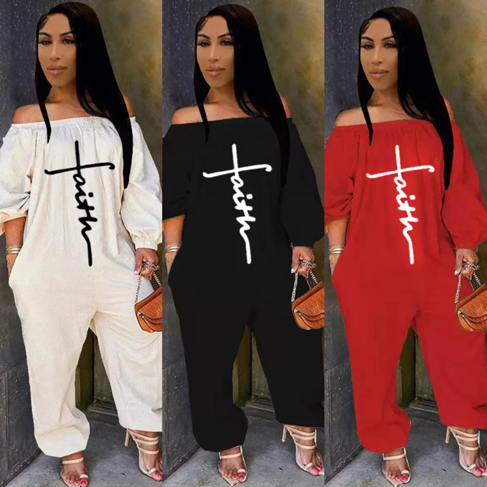 

Solid Off Shoulder Jumpsuit for Women Embroidery Letter Overalls Bodysuits Long Sleeve Rompers Loose Cross Pants Jumpsuits 2023